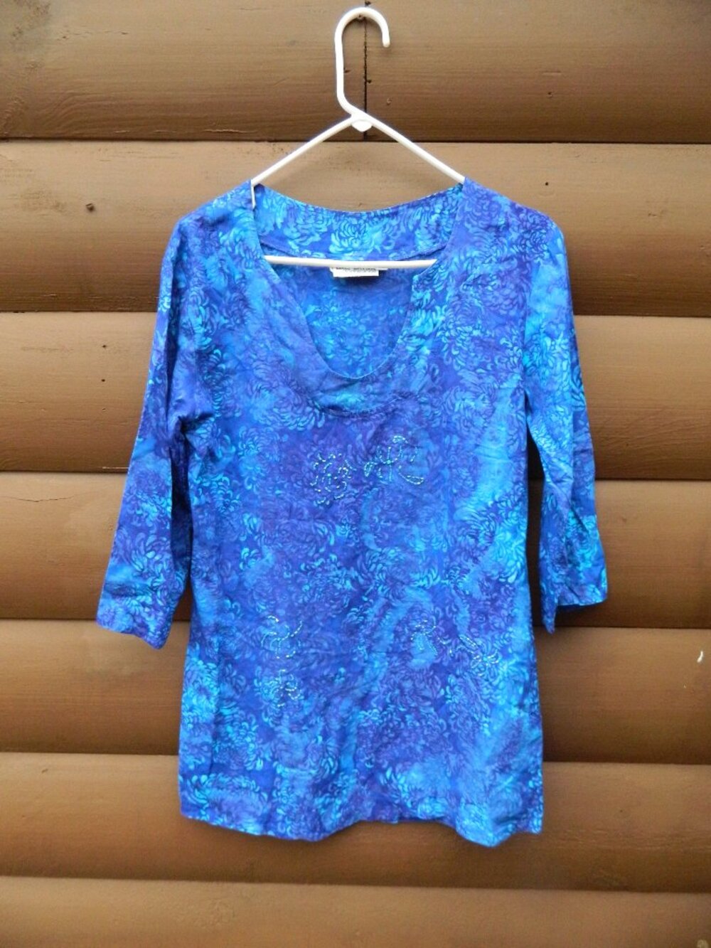 Bali Batiks Hand Painted Resort Wear Womens Tunic 3/4 Sleeve Blues 100% Rayon S